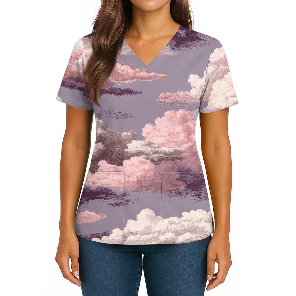 Women's Gradient Print V-Neck Double Pocket Short Sleeves Hem Slit Uniform Caregiver Top