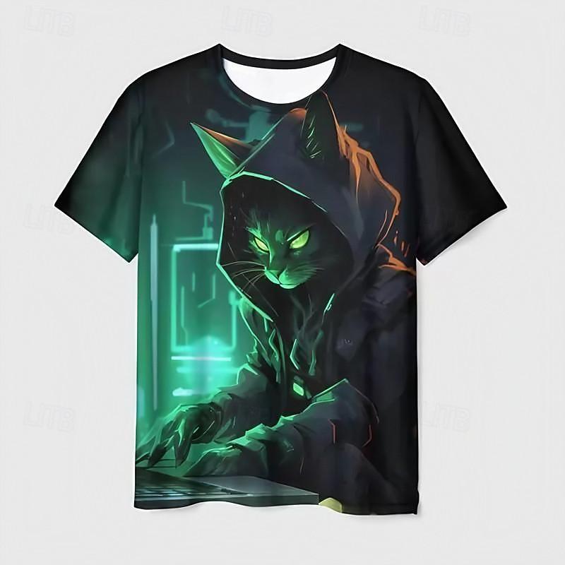 Boys 3D Cat Tee Shirt Short Sleeve 3D Print Summer Active Sports Fashion Polyester Kids 3-12 Years Crew 100