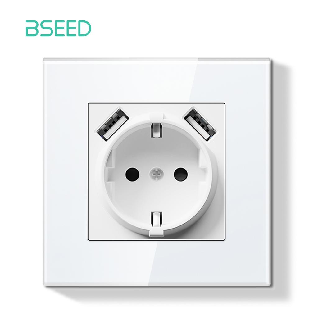 BSEED Switch Light Switch White Glass Frame Wall Power Sockets USB-C Phone Charge E-Series EU Standard 1 Way