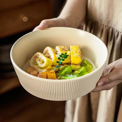 Suwen Salad Bowl Relief Vertical Pattern Ceramic Bowl Household Open Bowl Vegetable Bowl Soup Bowl Durable Tableware Round Bowl