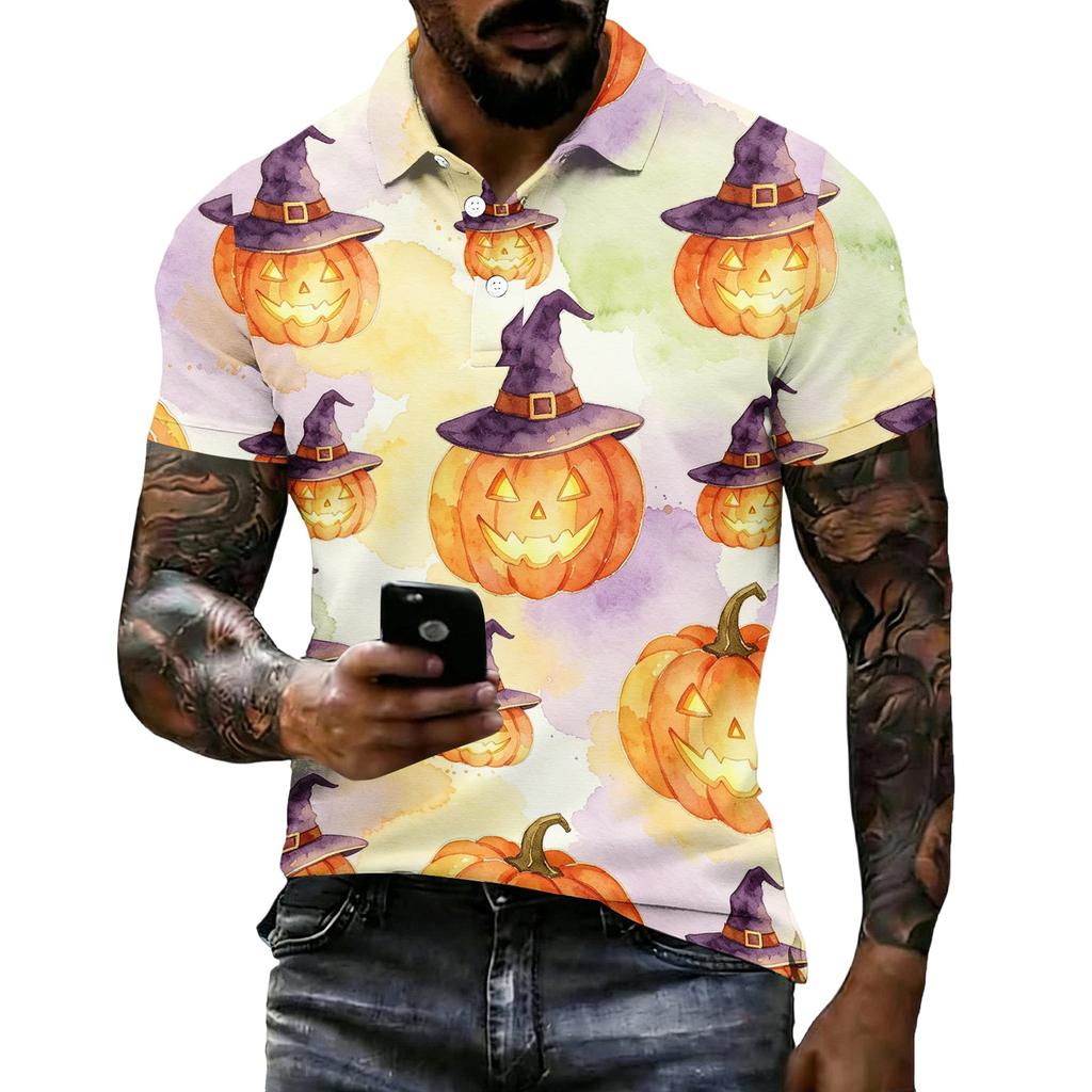Unisex Loose Fit Casual Short Sleeve Polo Shirt with Halloween Themed Print Pullover Design for Everyday Wear