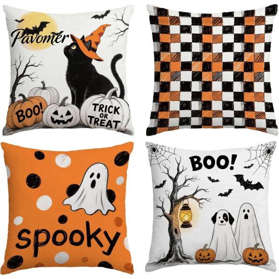 Square Sofa Cushion Protectors Halloween Ghost Cover, Retro Pumpkin Throw Pillow Case, 18x18 Covers Inch Washable Cover for Couch Bed Decor Breathable