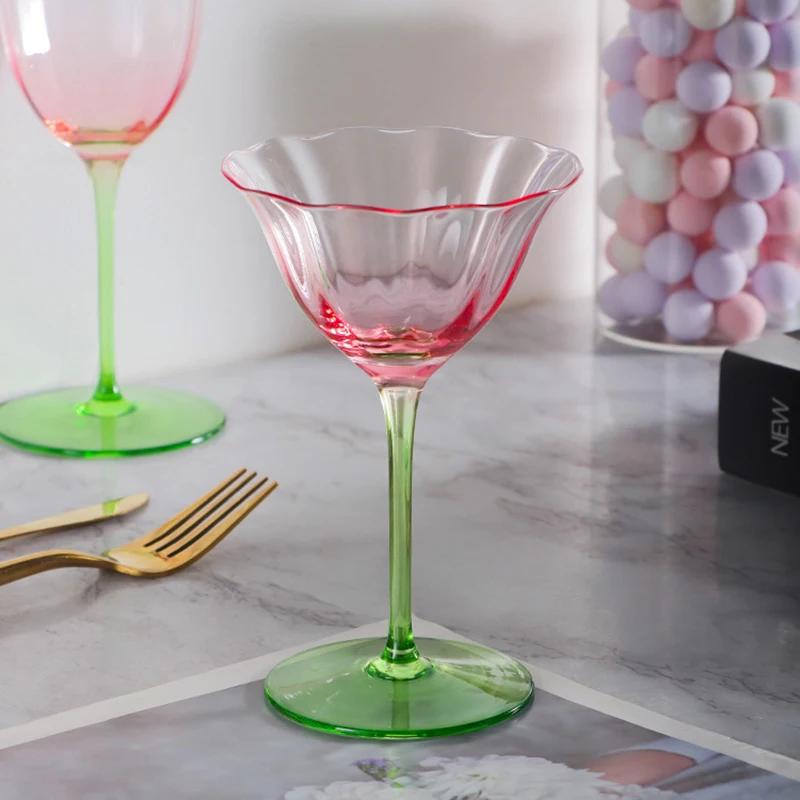 Home Light Luxury Retro Vertical Stripes Flower Wine Glass Goblet Crystal Glass Pink Green Champagne Cup Cocktail Martini Cups