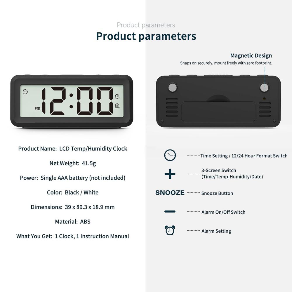 Magnetischer Tragbarer Digitaler Wecker Batteriebetrieben TEMP Feuchtigkeit Datum Schlummer Tischuhr 12/24H 2 Wecker Elektronische LCD-Uhr