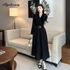 Elegant Fashion Autumn Winter Women Sweater Dress V Neck Kntting Thick Warm Midi Dress Office Lady Black Knitted Dress With Belt