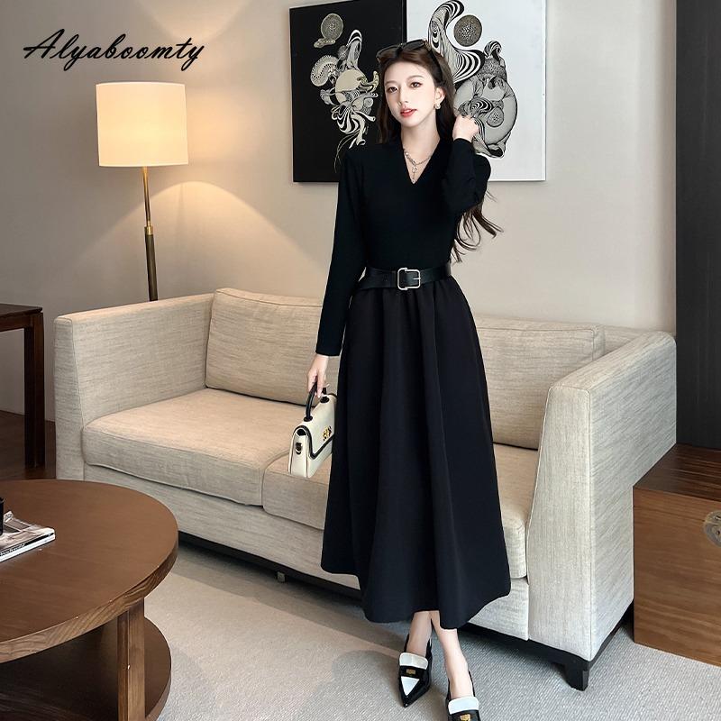 Elegant Fashion Autumn Winter Women Sweater Dress V Neck Kntting Thick Warm Midi Dress Office Lady Black Knitted Dress With Belt