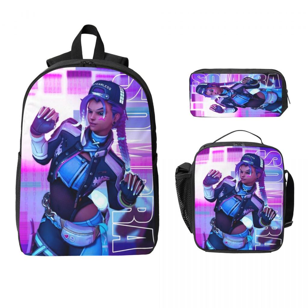 3Pcs Sombra Overwatch Theme School Bags Set for Boy Girl Pencil Boxes Backpack Sets with Lunch Box For School Students Knapsack