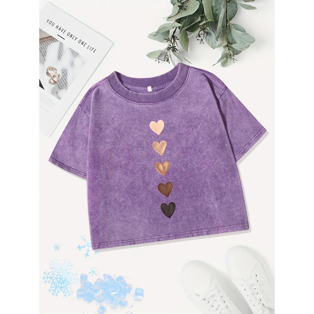 Cotton Crop Tops Women Love Heart Graffiti Prints Washed T-Shirts Regular Fit O-Neck Streetwear Street Womans Clothes