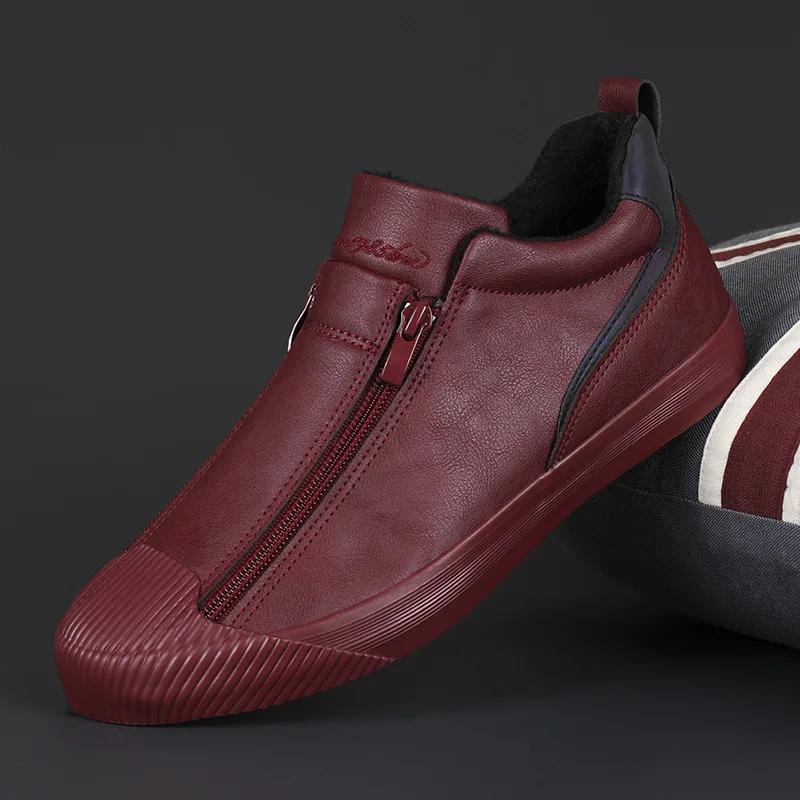 Men Leather Casual Shoes Fashion Double Zipper High Tops Flat Shoes Slip on Plush Male Sneakers Loafers Tenis Masculino 2024