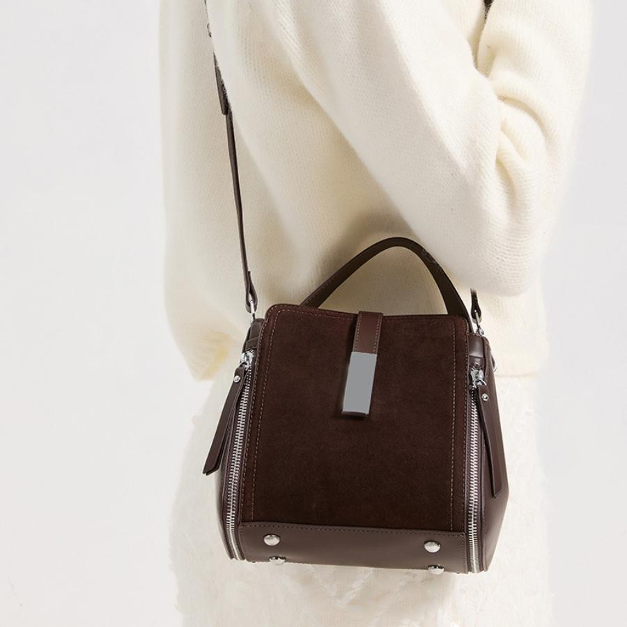 Genuine Leather Bucket Bag for Women, Suede Cowhide Crossbody Purse, Vintage Soft Textured Tote, Luxury Shoulder Handbag, Multiple Colors