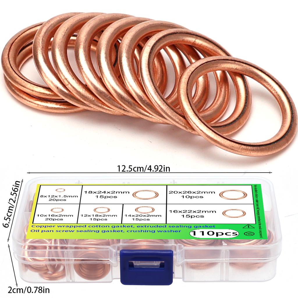 110pcs Copper-clad Cotton Gaskets, Compression Sealing Gaskets, Suitable for Automotive Oil Drain Plugs and Compression Washers.