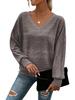 2025 Women's V-Neck Patchwork Long Sleeve Casual Pullover Top - Solid Color