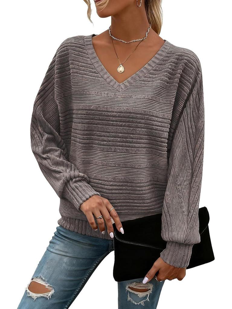 2025 Women's V-Neck Patchwork Long Sleeve Casual Pullover Top - Solid Color