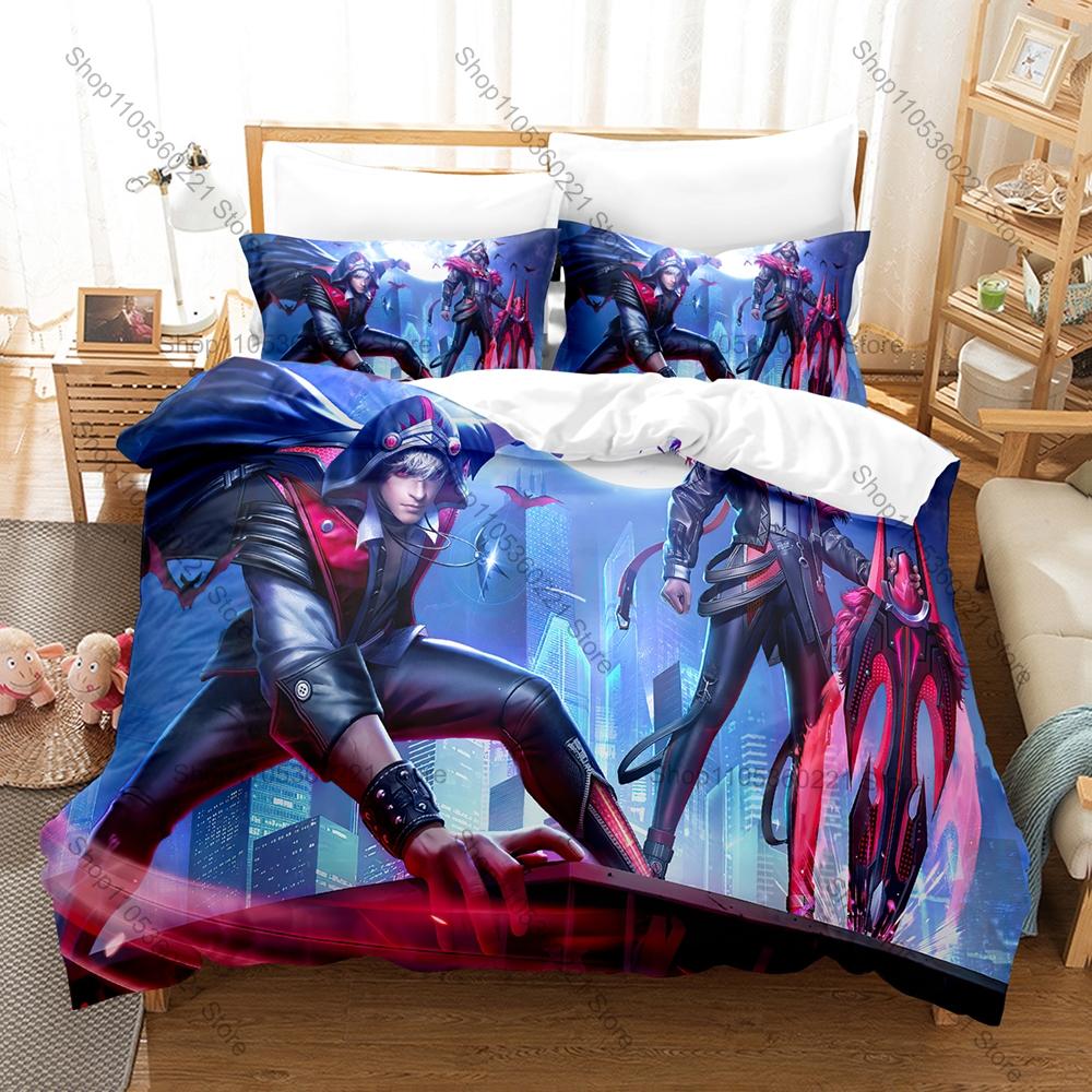 Cool Icon FF Warrior Character Graphic Free Fire Gaming Bedroom Decor Bedding Duvet Cover + 2 Pillowcases Mobile Game Fan Room D