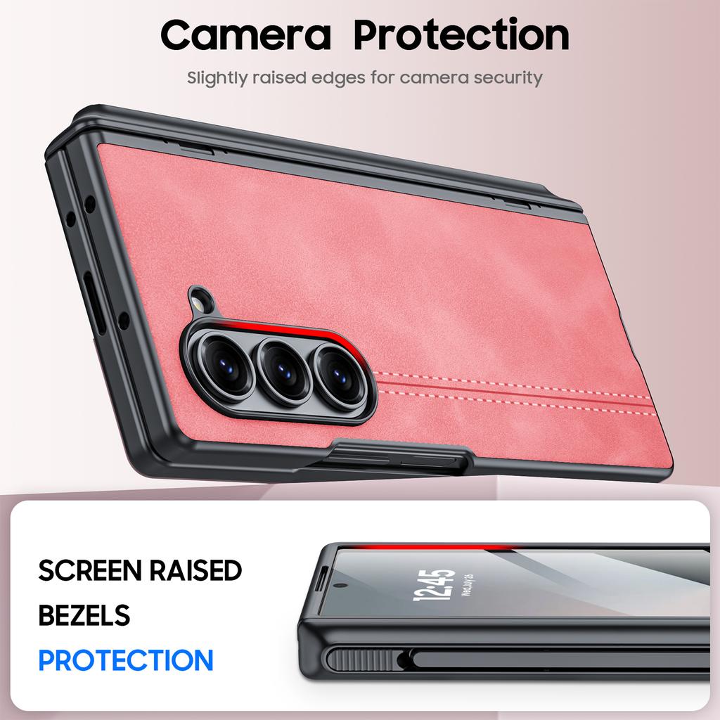 Protective Case with Hinge Protection S Pen Holder Built-in Screen Protector Leather Texture PC Cover for Samsung Galaxy Z Fold 6-Pink