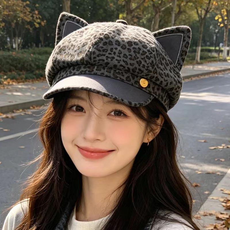 American retro spice girl leopard print octagonal hat women's big head circumference duck tongue newsboy hat European and American cartoon face small