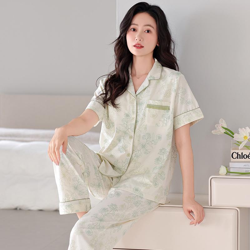 Pajamas women's summer cotton short-sleeved trousers thin summer 1011 new large-size summer cardigan loungewear