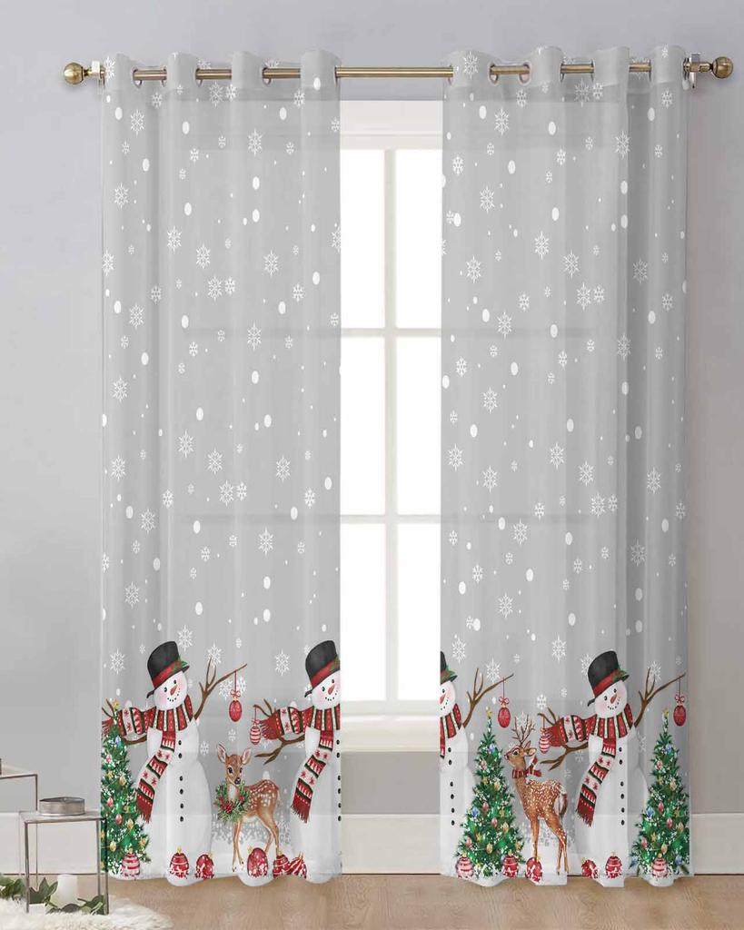 Christmas Ball Snowman Elk Christmas Tree Snowflake Gray Sheer Curtains Room Decor Window Curtain Kitchen Tulle Voile Curtains
