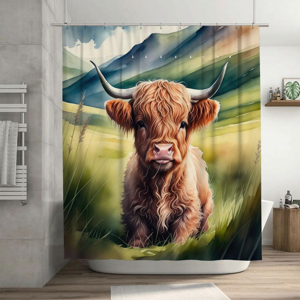 Farm Fresh Highland Cow Shower Curtain Soft Plush Waterproof Fabric with Hook Set for Bath Decor in Various Colors