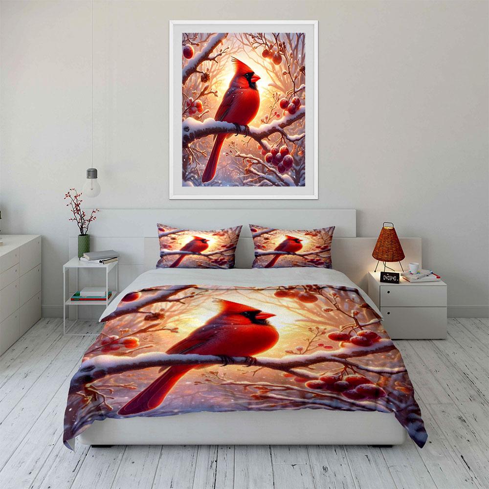 Winter Scenery with Cardinal Trio Kid's and Adults' Bedroom Decor, Exquisite Three-piece Bedding Set Gift