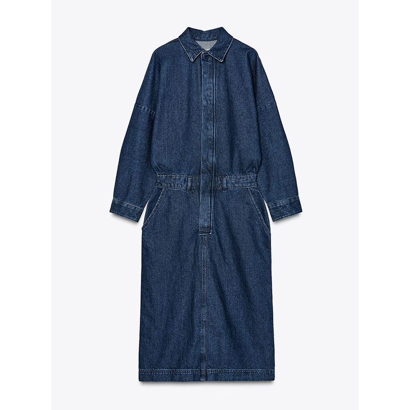 Za2025 Spring New Women's Clothing Temperament Leisure Loose Denim Long Sleeves Lapel Midi Skirt Dress 4441250