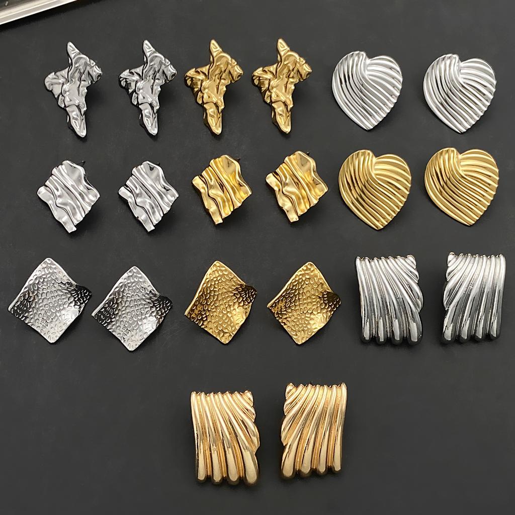 Titanium Steel Pleated Geometric Earrings for Women, New Irregular Round Square Heart-shaped Earrings, Vintage Earrings Trend