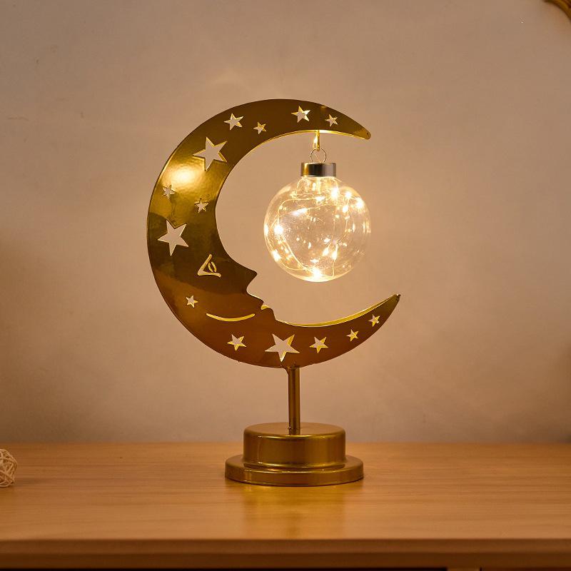 Middle Eastern Festival LED Desk Lamp: Moon, Star & Rattan Ball Decorative Lights Battery-Powered