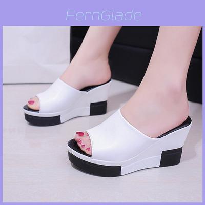 Luxurious Summer Women Solid Color Wedge Leather Platform Heel High Peep Toe Slippers