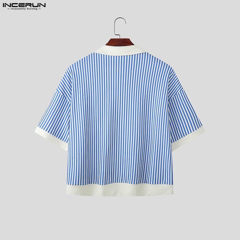 INCERUN Summer Men Lapel Short Sleeve Striped Print Patchwork Button Up Casual Crop Shirts