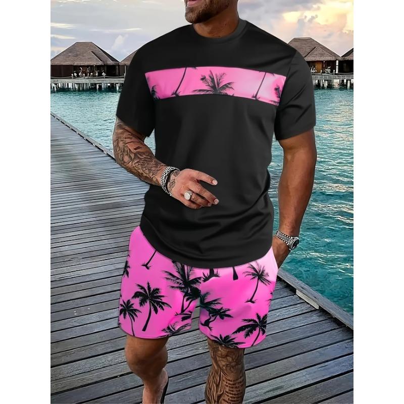 Men's Fashionable Two-piece Round Neck Short-sleeved Shorts Set, Summer Casual and Comfortable Sportswear for Men