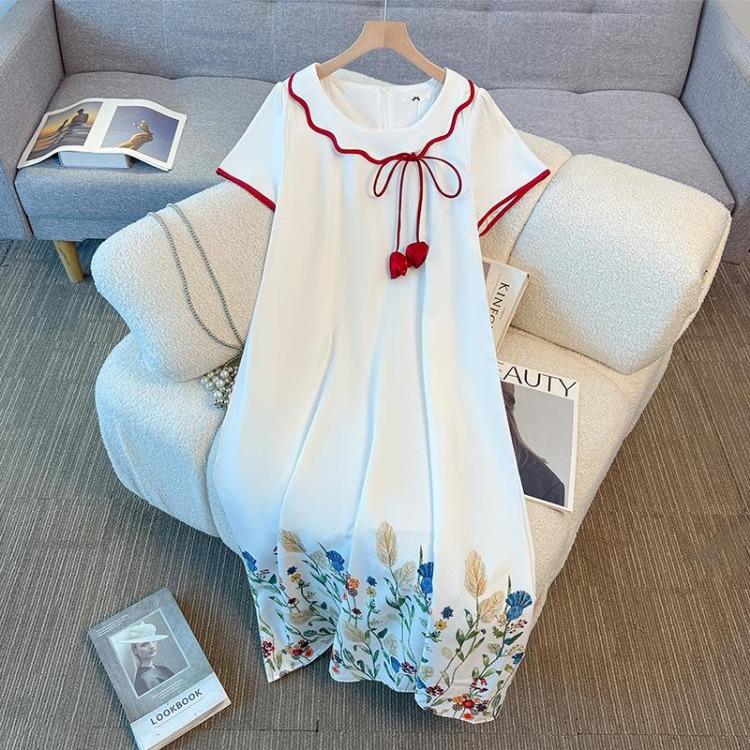 New Chinese Style Lace Collar Summer Dress for Plus Size Women Gentle Elegant 2XL белый