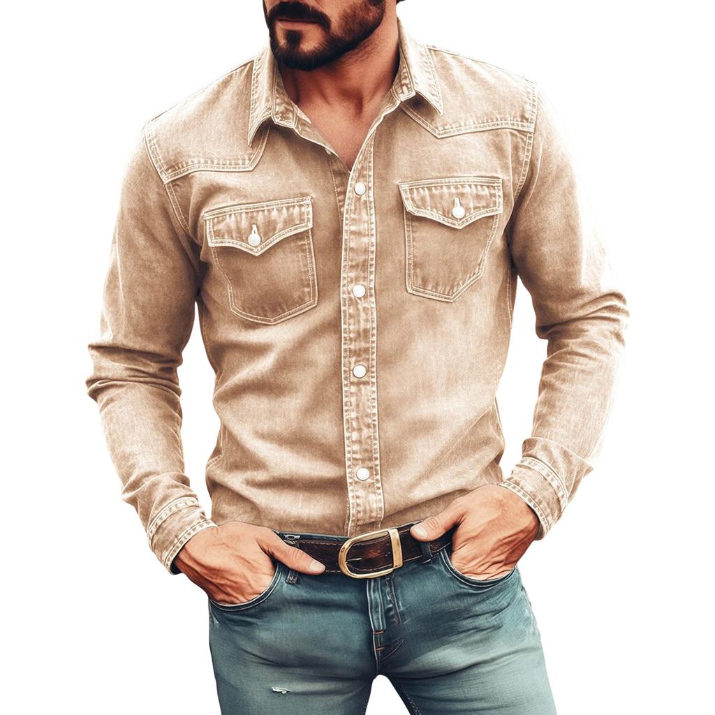 Men's Color Casual Loose Button-Down Collar Faux Pocket Long-Sleeved Shirt