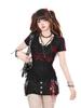 American College V-Neck Lace Embroidered Slimming T-Shirt - Women's Summer Short Sleeve Versatile Top