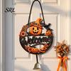 Holiday Door Sign for Store Entry Halloween Pumpkin Ghost Wooden Welcome Hanger Sign, Cute Wall Ornament with Bell Party Hanging Rope, Decor