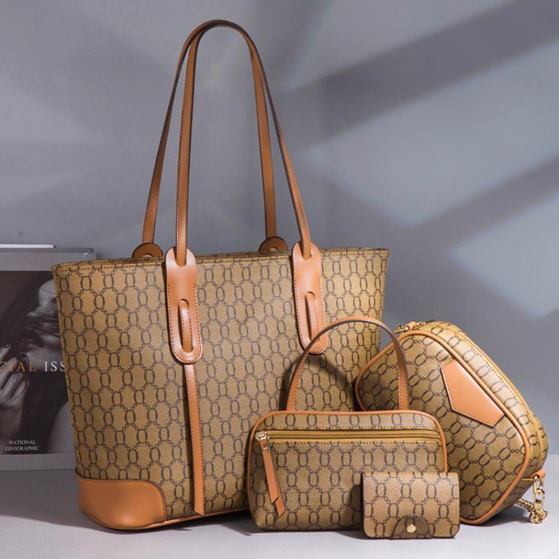 New Embossed Large Tote Bag High Quality PU Ladies Handbag Trendy Single Shoulder Oblique Span Bag Large Capacity Women's 4 Pcs Set Mother-child Bag