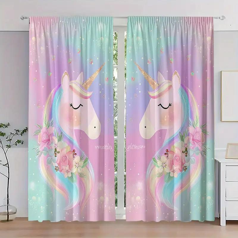 2PCS Pink Green Unicorn Curtain with Pole Bag Design   Protecting Privacy   Suitable for Various Decorative Scenes