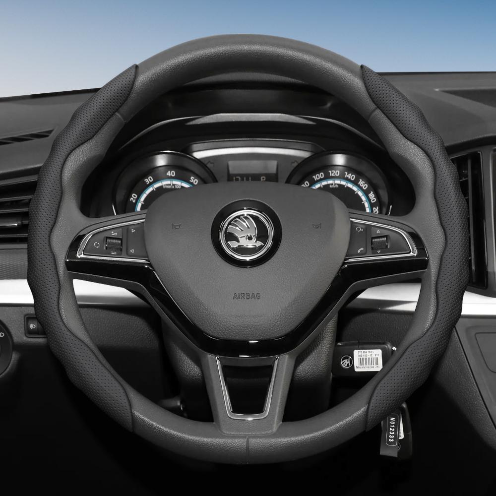 Suitable for Skoda Steering Wheel Cover with Wavy Sports Design, Breathable Leather, Segmented, Non-Slip, Sweat-Absorbent Protection for Octavia,