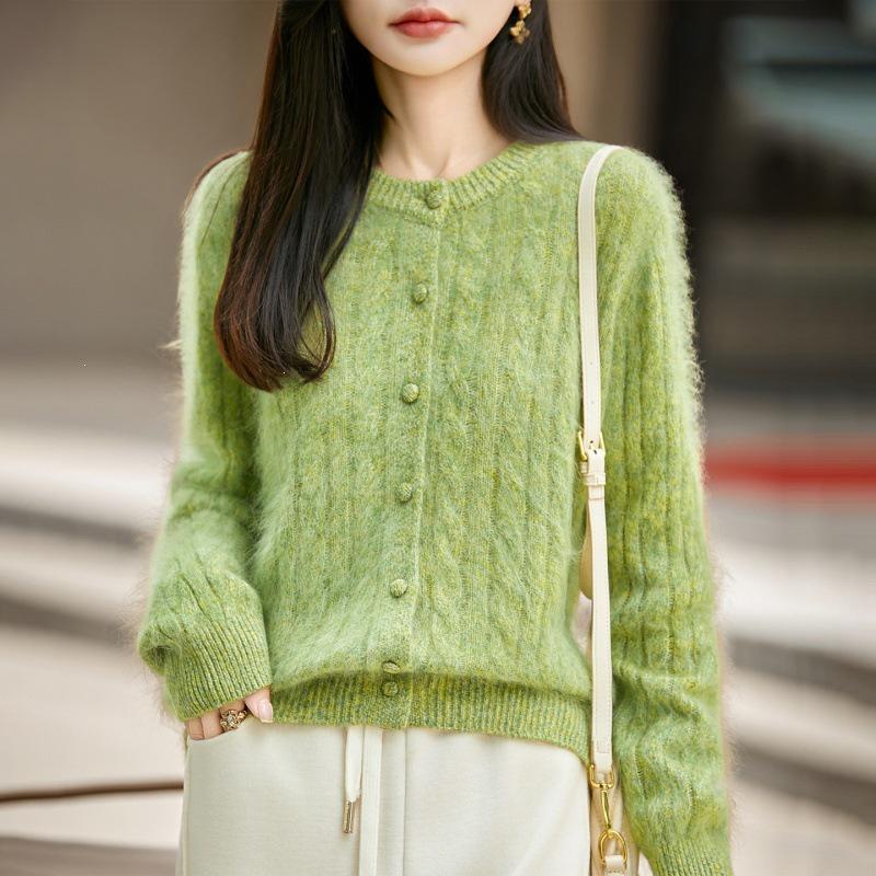 Pink Taro Cable Knit Wool-Blend Cardigan: 2023 Autumn/Winter Women's Long Sleeve Round Neck Sweater