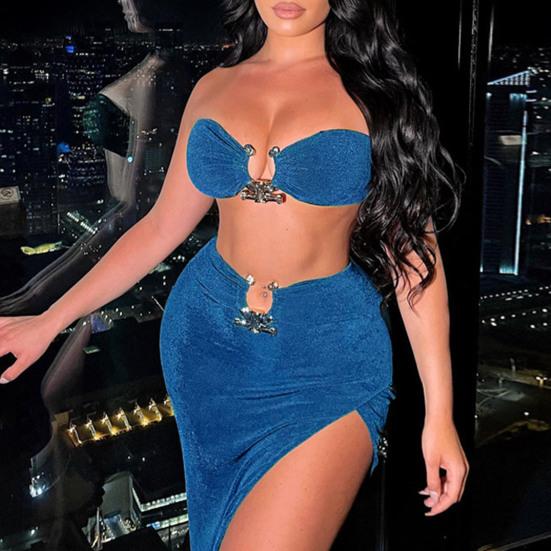 1 Set Skirt Suit Backless High Slit Solid Pleated Asymmetrical Split Thigh Maxi Dress for Daily Life