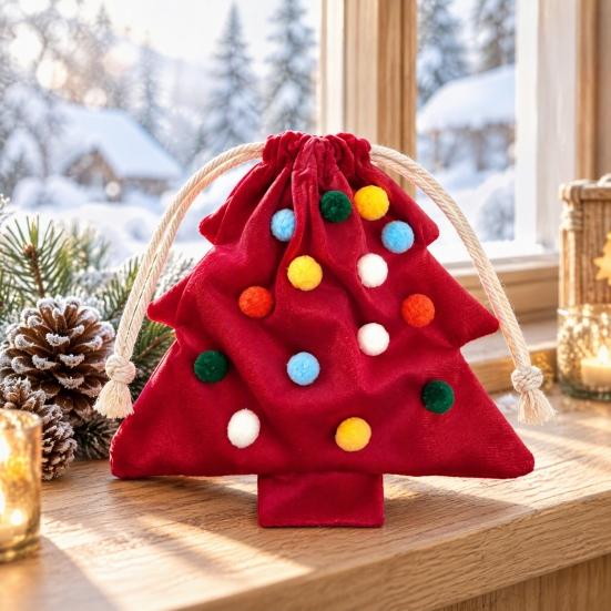 Christmas Tree Hanging Ornaments Drawstring Gift Bag, Plush Pom Bell Small Trinket Bags with Ornament, Reusable Candy Pouch Decor for Holiday