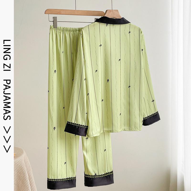 Spring and summer ice silk thin pajamas women's long-sleeved trousers cardigan lapel high-end large-size outer loungewear set