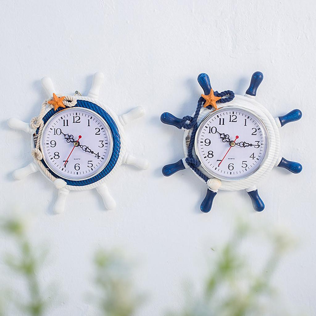 Mediterranean Style Wooden Wall Clock Retro Rudder Ship Wheel Round Hanging Time Clock Farmhouse Home Nautical Decor