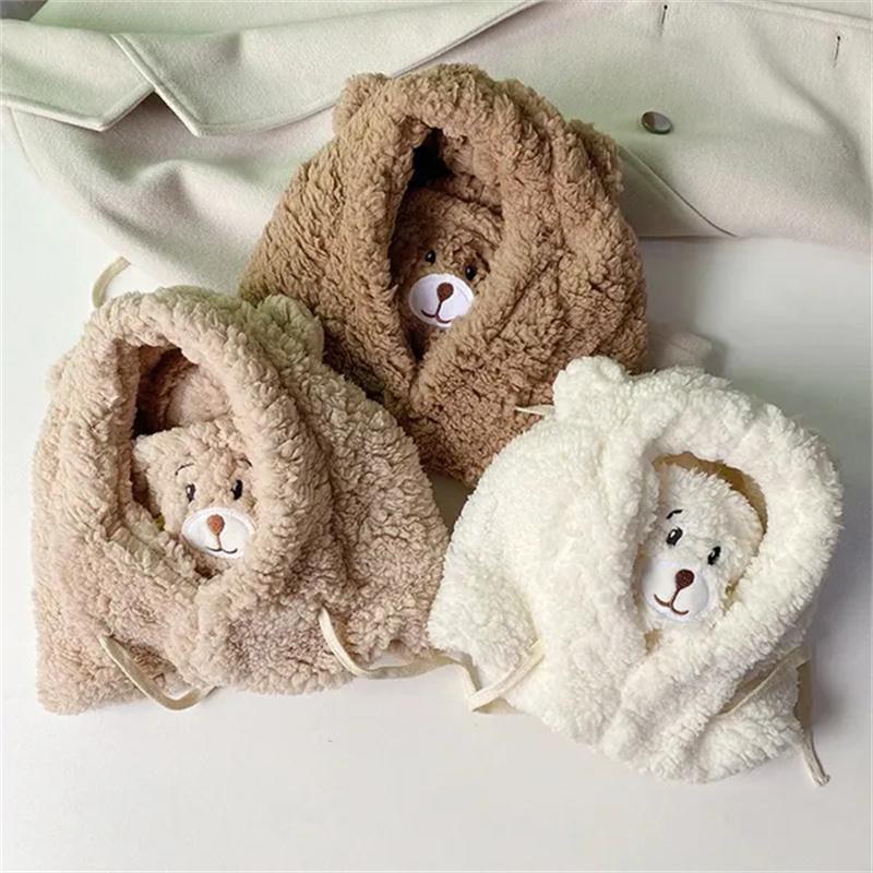Cute Cartoon Bear Ear Hat Winter Warm Fleece Plush Scarf Hats with Mask Thick Lamb Cap Skullies Beanies Hats for Women Girls