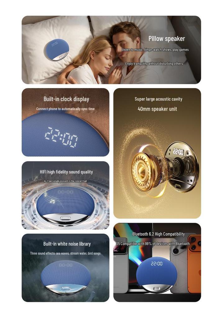 S3 Smart Sleep Pillow Bluetooth Speaker with Digital Display and Long Battery Life