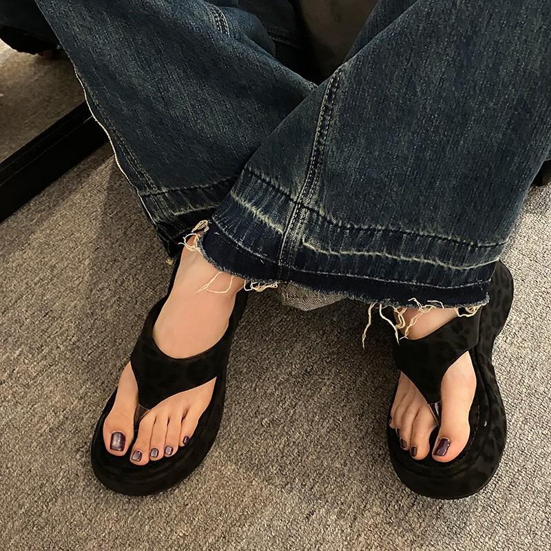 Wear summer high heels sandals toes new slippers leopard print herringbone female slope heel pink clip 2025