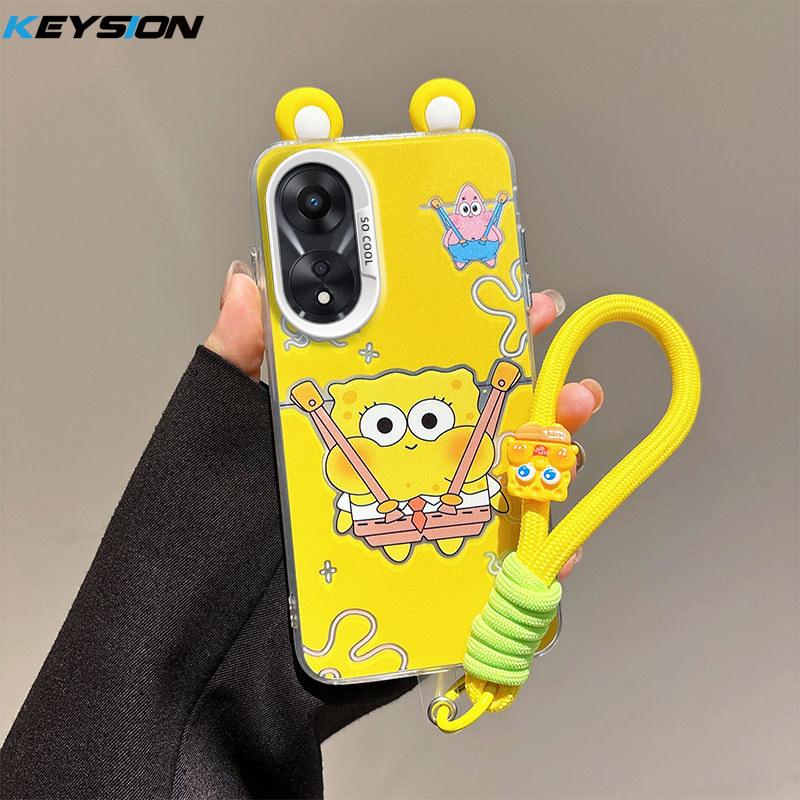 KEYSION Cute Ear Cartoon Case for OPPO A58 4G A38 A18 with Lanyard Soft Silicone+PC Shockproof Phone Back Cover for OPPO A17 A17K