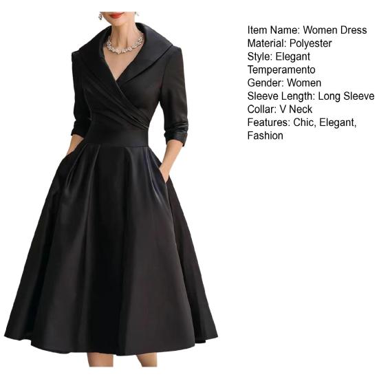 Women's Lapel V Neck Work Dress Long Sleeve A Line Swing Dress Formal Business Office Midi Blazer Dress