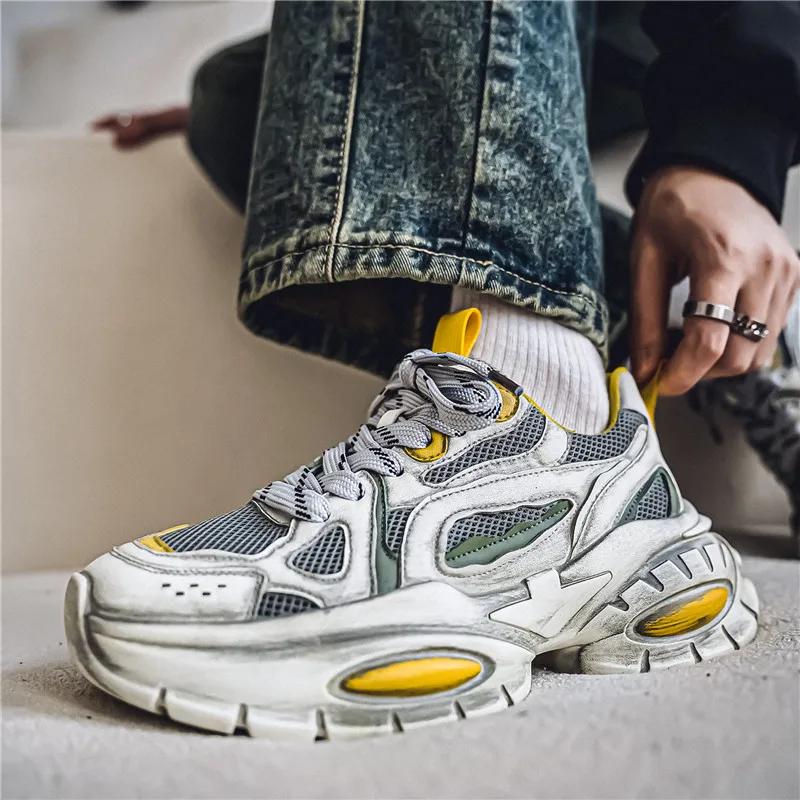 Chunky Sneaker Men Designer Distressed Sport Shoe Fashion Casual Leather Mesh Breathable Height Increased Platform Running Shoes