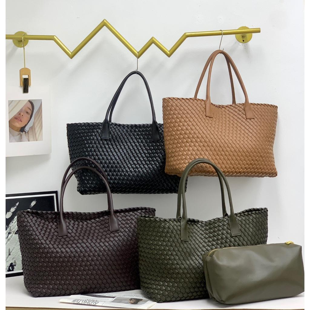 New Double-sided Woven Tote Bag Women's Genuine Leather Shoulder Handbag Large-capacity Shopping Bag Vegetable Basket Commuter Versatile