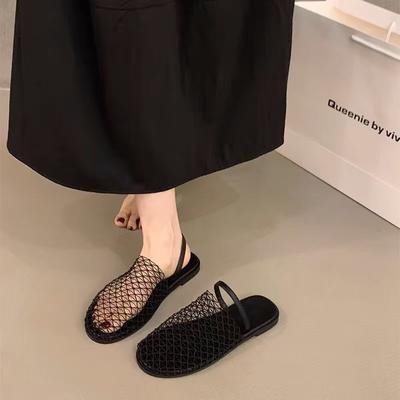 Summer New Mesh Woven Hollow Bag Head Slippers Fashionable Outer Wear Flat Bottom Sandals with Sandals Women